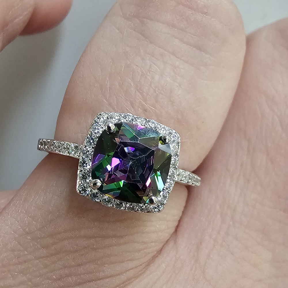 Mystic Topaz Cushion Halo Ring in Multicolor